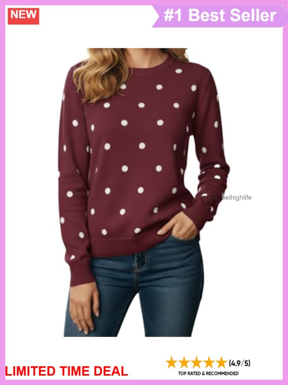 Women's Polka Dot Crewneck Long Sleeve Knit Pullover Sweater